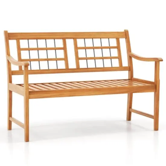 Costway Outdoor Acacia Wood Bench 2-Person Patio Bench with Slatted Seat &  Backrest image {1}