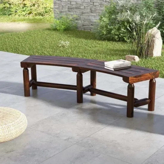 Costway Patio Curved Bench Carbonized Wood Dining Bench for Round Table 710 LBS Max Load image {9}