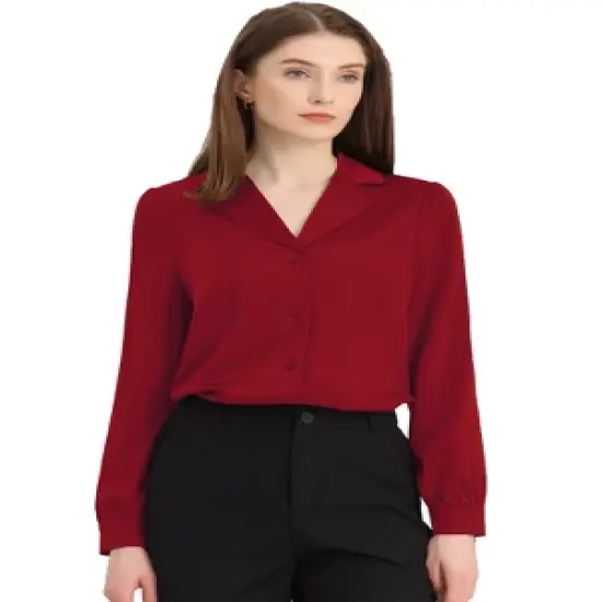 Allegra K Women's Elegant Collar V Neck Long Sleeve Work Office Satin Button Down Shirt image {12}