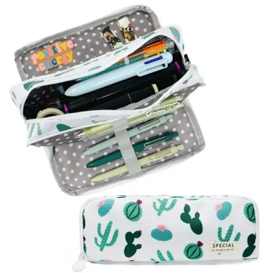 Wrapables Large Capacity Pencil Case, 3 Compartment Pencil Pouch for Stationery Pens, Cactus image {6}