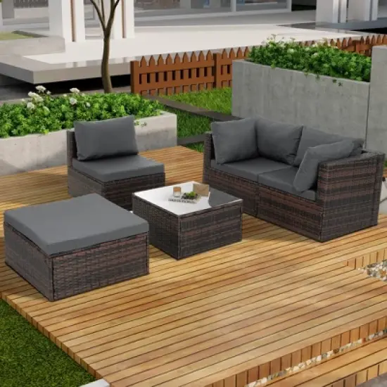 Syemin 5PCS Patio Seating Rattan Furniture Set Sectional Sofa Cushioned Garden, Tempered Glass Table, Grey, 28.94"*28.55"*24.8" image {2}