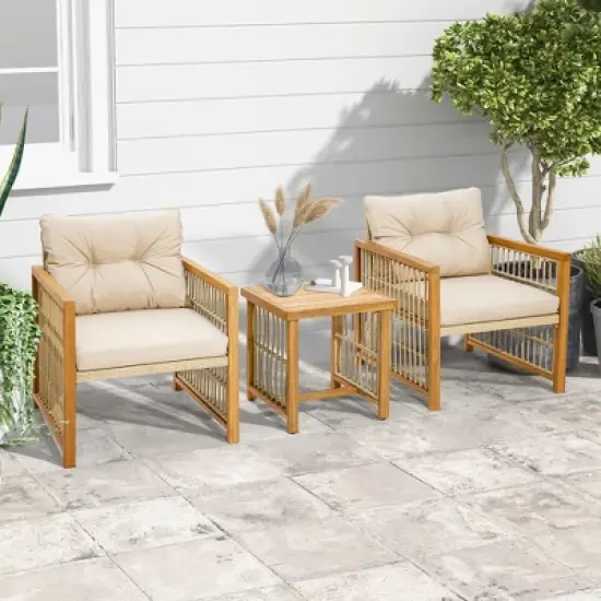Costway 3PCS Patio PE Wicker Conversation Set Acacia Wood Frame withSeat & Back Cushions image {1}