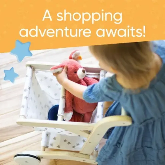 Hearthsong Wooden Shopping Cart for Pretend Play with Natural Finish, Real Rolling Wheel and Removable Cloth Basket image {2}
