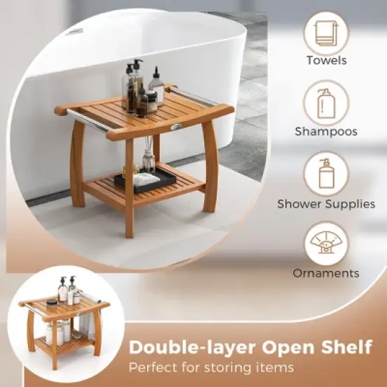 Tangkula Teak Wood Shower Bench 2-Tier Wooden Shower Stool w/ Curved Seat Handles Large image {3}