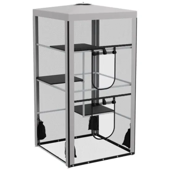 PawHut 79"H Cat House Kitten Enclosure Mesh Playpen Steel Frame with 3 Platforms, 2 Doors and 4 Sandbags for Stability, Indoor/Outdoor image {6}