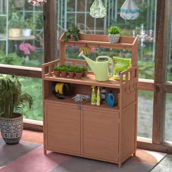 Wood Potting Bench with Storage Cabinet and Top Shelf, Weather-Resistant Gardening Table for Outdoor Patio or Greenhouse Use-Cuddlewood image {7}