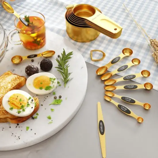 SUGIFT 15-Piece Stainless Steel Measuring Cups and Spoons Set with Dual-Sided Design, Magnetic Nesting for Dry and Liquid image {1}