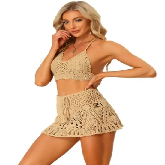 Allegra K Women's Hollow Out Cami Top Mini Skirt Summer Beach Crochet Knit Bikini Sets 2 Pcs image {8}