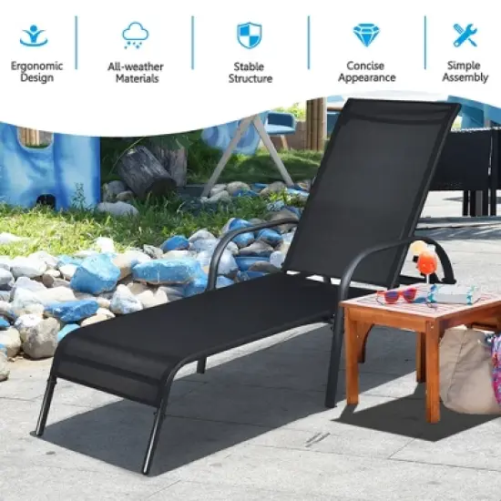 Costway 2PCS Outdoor Patio Lounge Chair Chaise Fabric Adjustable Reclining Armrest Black image {5}