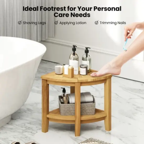 Tangkula Corner Shower Stool Teak Wood Shower Bench w/ Storage Shelf Bathroom Foot Stool image {3}
