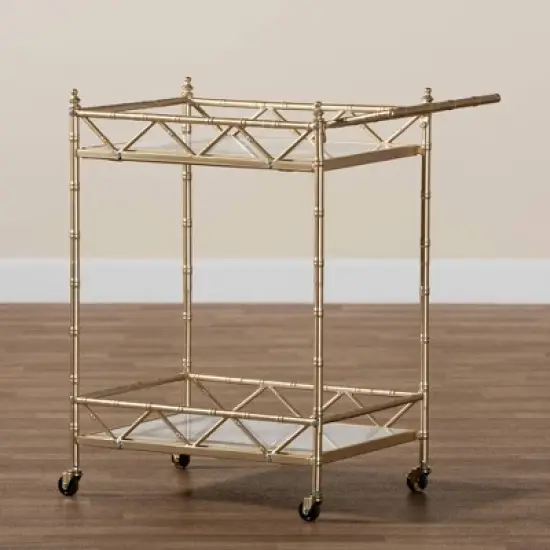 Mela Metal and Marble 2 Tier Wine Cart Gold/White Marble - Baxton Studio image {6}