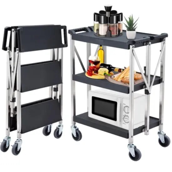 Heavy Duty 3-Shelf Rolling Cart Commercial Foldable Utility Cart with Wheels 330 Lbs Capacity Collapsible Service Cart Black image {7}