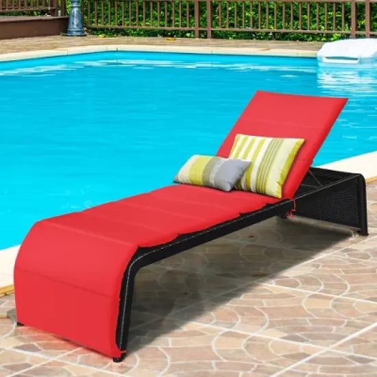 Costway 2 PCS Patio Rattan Lounge Chair Chaise Recliner Adjustable Cushioned Turquoise\Red image {1}