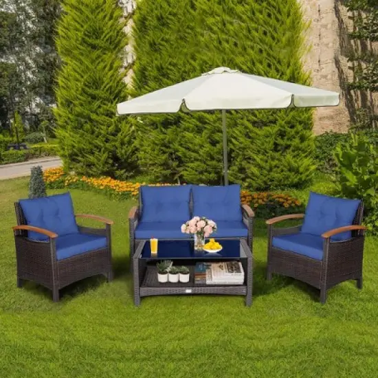 Costway 4PCS Patio Rattan Furniture Set Cushioned Sofa Storage Table Off image {11}