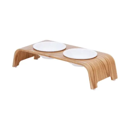 Teamson Pets Billie 4.5 Inch Tall Elevated Ash Wood Pet Food and Water Feeder Stand with Non-Slip Grips and Ceramic Dishwasher Safe Bowls, Brown image {4}
