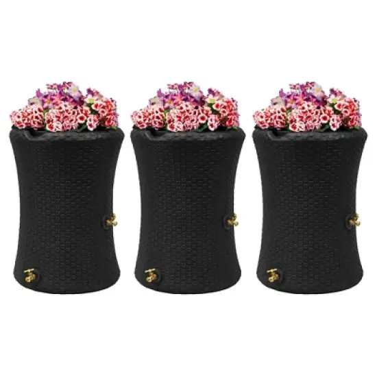 Good Ideas Impressions 50 Gallon Nantucket Outdoor Home Rain Barrel Water Storage Collector with Garden Planter and Brass Spigot, Black (3 Pack) image {6}