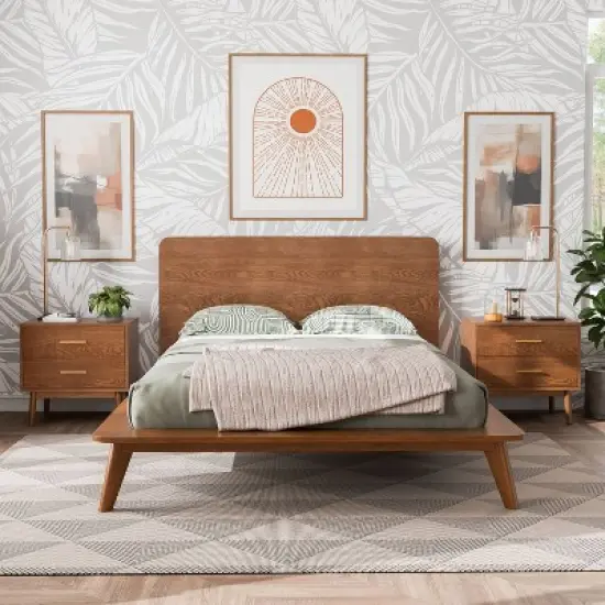 HOMES: Inside + Out 3pc Full Riverstone Mid-Century Wood Platform Bedroom Set with 2 Nightstands Walnut image {1}