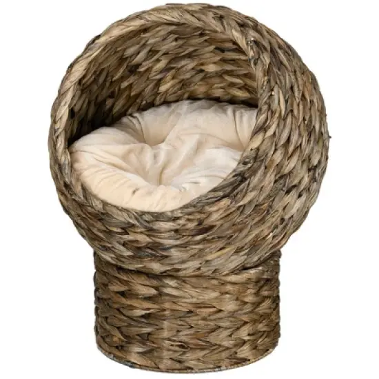PawHut 20" Handwoven Elevated Cat Bed with Soft Cushion Cat Egg Chair Shape, Cat Basket Bed Raised Wicker Cat Bed for Indoor Cats, Dark Brown image {3}