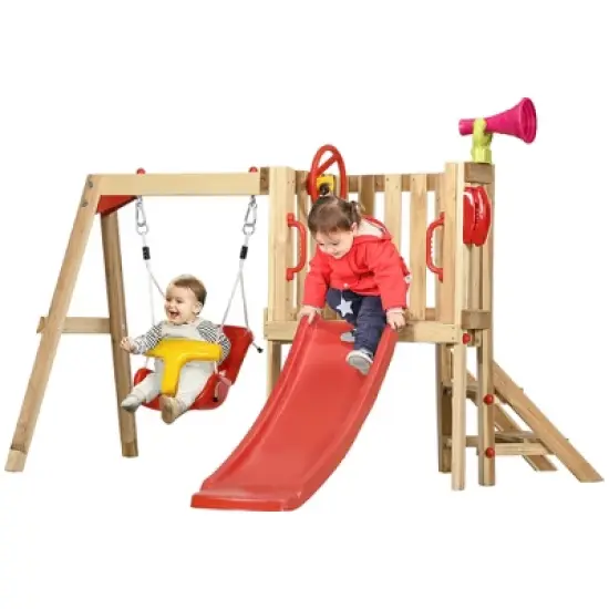 Outsunny 4-in-1 Wooden Swing Set, Kids Outdoor Playset with Swing, Slide, Horn, Steering Wheel, Toddler Playground Set for 18-48 Months, Red image {6}