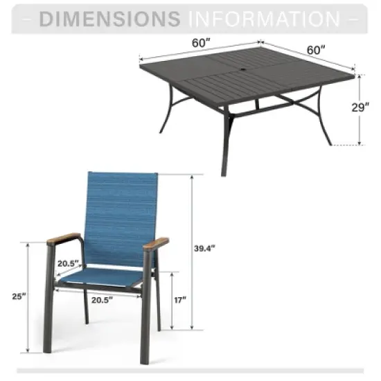 Captiva Designs 9pc Patio Slat-top Square Metal Dining Table & Stackable Textilene Aluminum Chairs image {12}