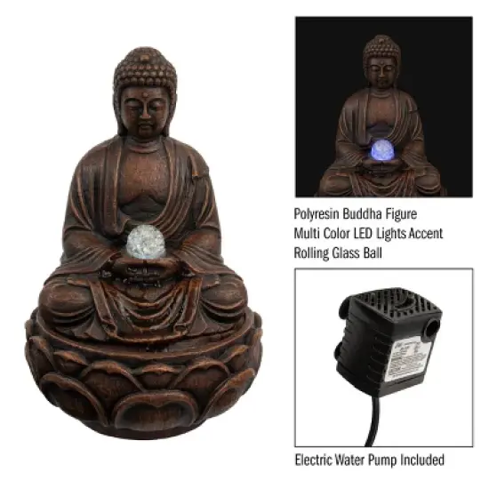 Tabletop Water Fountain- Sitting Buddha Statue with Rolling Glass Ball Multi-Colored LED Lights Electric Pump & Soothing Waterfall by Nature Spring image {2}