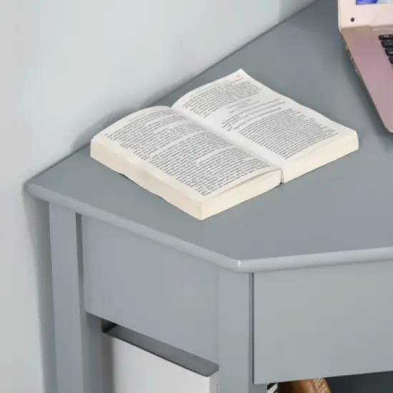 HOMCOM Corner Desk, Triangle Computer Desk with Drawer and Storage Shelves for Small Spaces, Home Office Workstation for Living Room, or Bedroom, Gray image {4}
