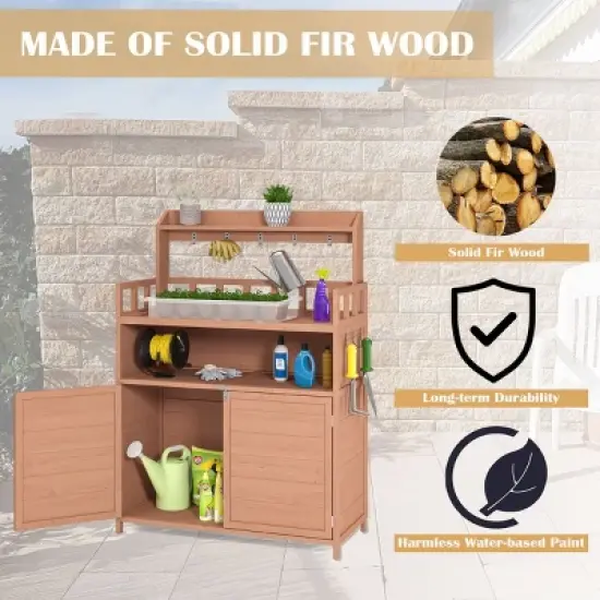 Outdoor Potting Bench with Storage Cabinet & Hooks,Solid Wood Gardening Work Table for Patio-The Pop Home image {5}