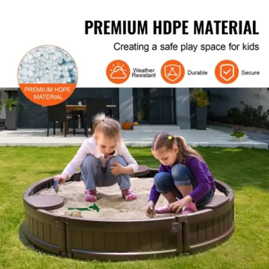 VEVOR Sandbox with Cover, 47.2 x 9.1 in Round Sand Box, HDPE Sand Pit with 3 Corner Seating and Bottom Liner, Gift for Boys Girls Ages 3-12, Brown image {6}
