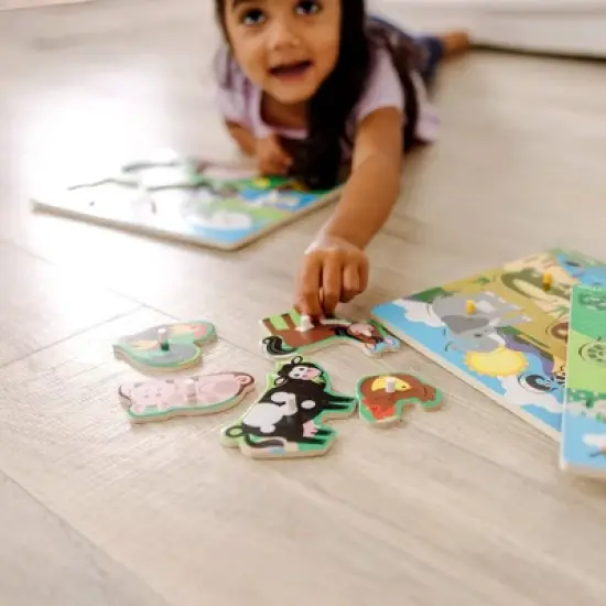 Melissa & Doug Wooden Peg Puzzle 4pk - Vehicles, Farm, Safari, Pets: Creative Thinking, Fine Motor Skills image {3}