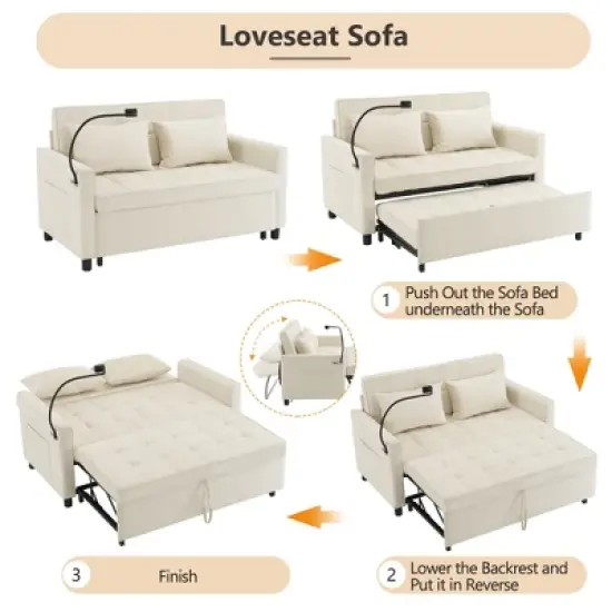 56.9"W Loveseat Sofa, Pull-Out Sleeper Sofa Bed with Adjustable Backrest, Side Pockets, Two USB Ports and A Phone Holder - ModernLuxe image {3}