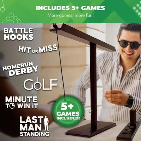 SWOOC Games - Battle Hooks XL Hook and Ring Game with Ladder - 5+ Games Included - 20 Second Set Up - Hook and Ring Toss Game for Adults - Wooden Ring image {4}