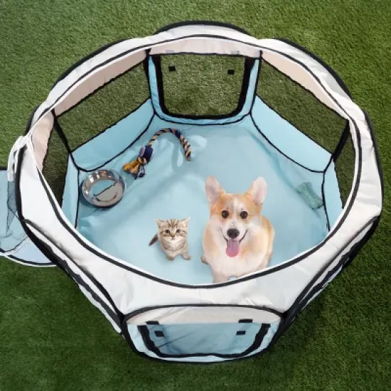 Pet Adobe Portable Pop-Up Pet Playpen with Carrying Bag - 38" Diameter, Blue image {1}