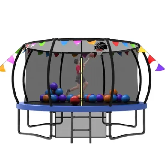 QingMoon 12FT Pumpkin Trampoline With Safety Enclosure Net Ladder,flag parts Weather-Resistant For Children & Adults Catering To The Festive Mood image {5}