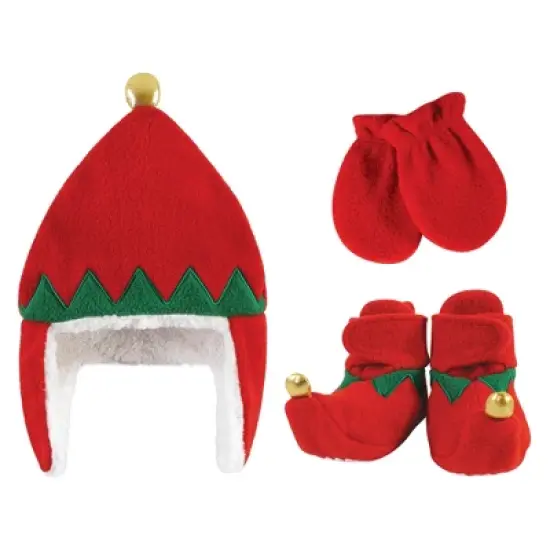 Hudson Baby 6Pc Trapper Hat, Mitten and Bootie Set, Red Elf Green Elf image {1}