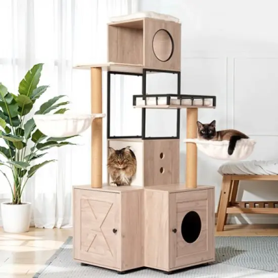Multipet 63" Multi-Functional Cat Tree with Litter Box - Includes Removable Washable Cushion, Scratching Posts & Toy Hanger image {1}