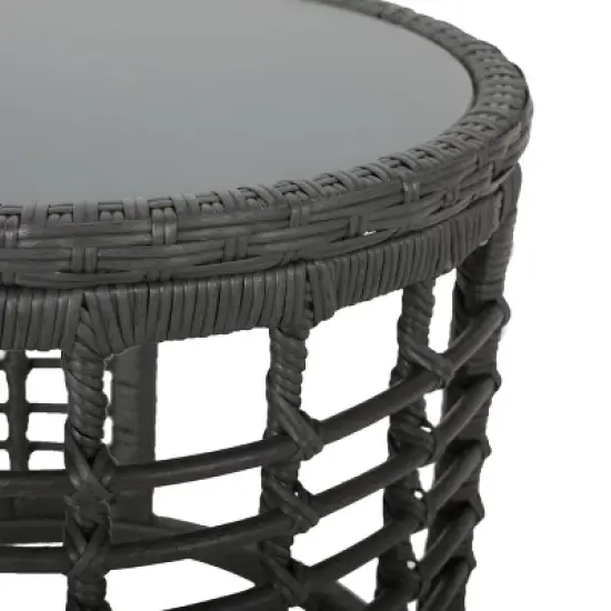 GDFStudio Achill Circular Outdoor Wicker and Tempered Glass Side Table image {5}