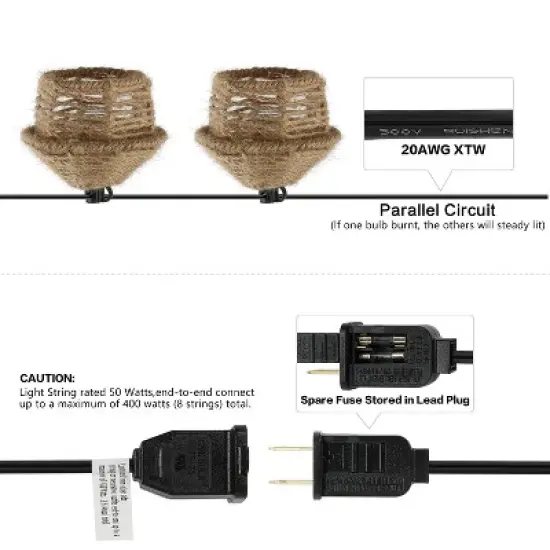 JONATHAN Y Maui 10' 10-Light Incandescent G40 Hemp Rope Shaded String Lights: UL Listed, Indoor/Outdoor Use, Metal Construction image {3}