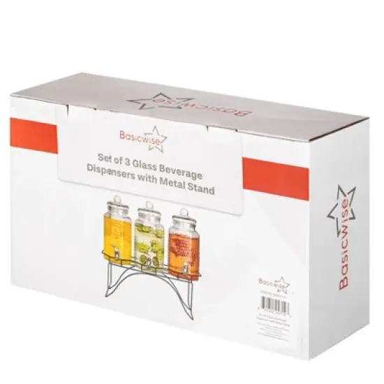 Basicwise 3-Piece Glass Drink Dispenser Set with Metal Stand and Stainless Steel Spigot - Beverage Dispensers for Lemonade, Juice, Water, and Punch image {9}