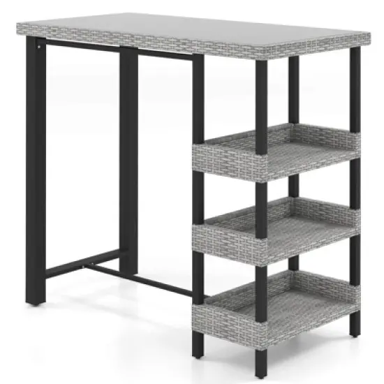 Costway 43.5" Outdoor Bar Table with Tempered Glass Top & 3 Rattan Shelves Storage image {10}