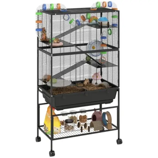 PawHut Hamster Cage, Rolling Rat Cage with Deep Tray, Storage Shelf, Big Exercise Wheel, Hut, Tube System, for Syrian, Gerbil, Mouse image {7}