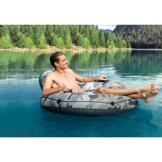 Intex 56835EP River Run I Camo Inflatable Floating Towable Water Tube Raft with Cup Holders and Handles for River, Lake or Pools, Gray Camo image {3}