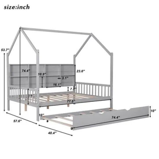Wooden Twin Size House Bed With 2 Drawers, Storage Shelf Kids' Bed, Multifunctional Sky Roof House Bed Frame image {1}