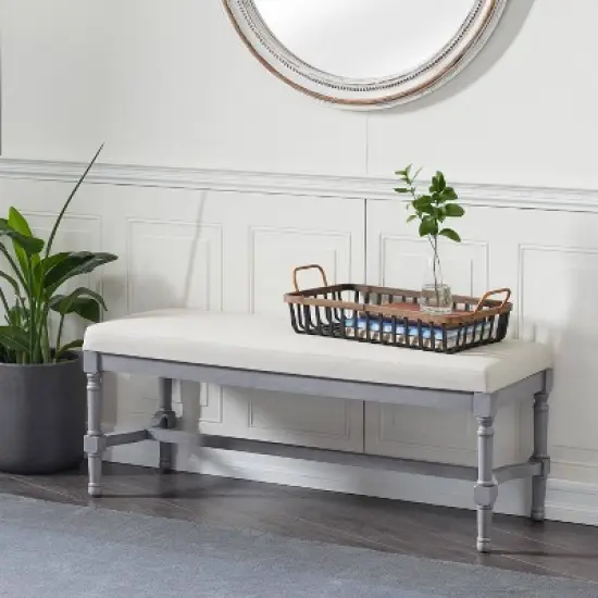 Traditional Linen Upholstered Wood Bench - Olivia & May image {6}