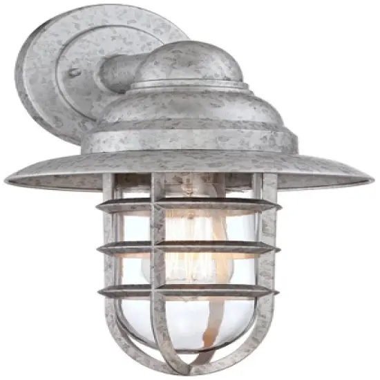 John Timberland Marlowe 13 1/4" High Farmhouse Rustic Hooded Cage Outdoor Wall Light Fixture Mount Porch House Set of 2 Galvanized Clear Glass Shade image {3}