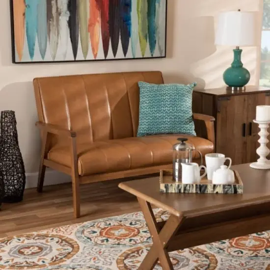 Nikko Mid-Century Faux Leather Upholstered Wood Loveseat Walnut/Brown - Baxton Studio image {6}