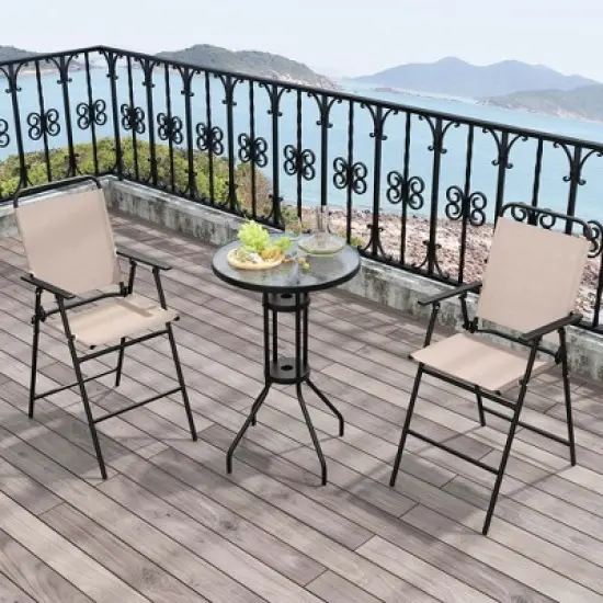 Costway 3PCS Patio Bistro Set Folding Chairs Round Bar Table with 1.6'' Umbrella Hole Yard image {3}