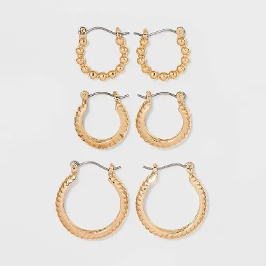 Multi Textured Hoop Trio Earring Set 3pc - A New Day&trade; Gold: Nickel-Free Metal, Hinge Closure, Lightweight Design image {12}