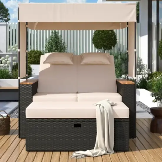 Outdoor Patio Rattan Daybed, 2 Pcs Daybed with Adjustable Backrests and Roof, Loveseat Bench Lounge with Cushions and Pillows-Coolbibila image {1}