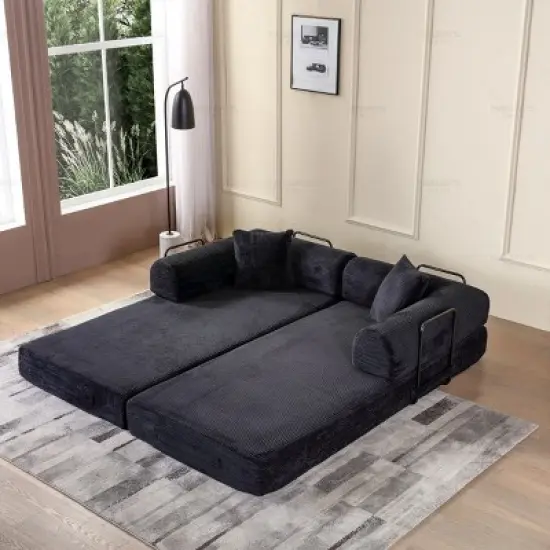 Convertible Sofa Couch with Cylindrical Pillows, Corduroy Folding Floor Sofa with Fixed-Shape Frame for Living Room-Maison Boucle image {2}