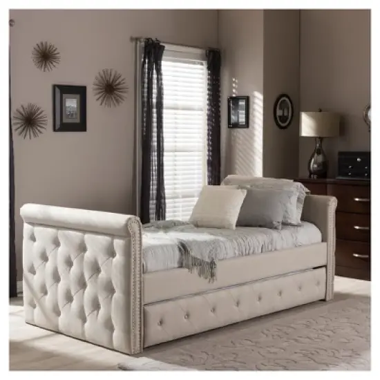 Twin Swanson Modern and Contemporary Fabric Tufted Daybed with Roll-Out Trundle Guest Bed - Baxton Studio image {9}